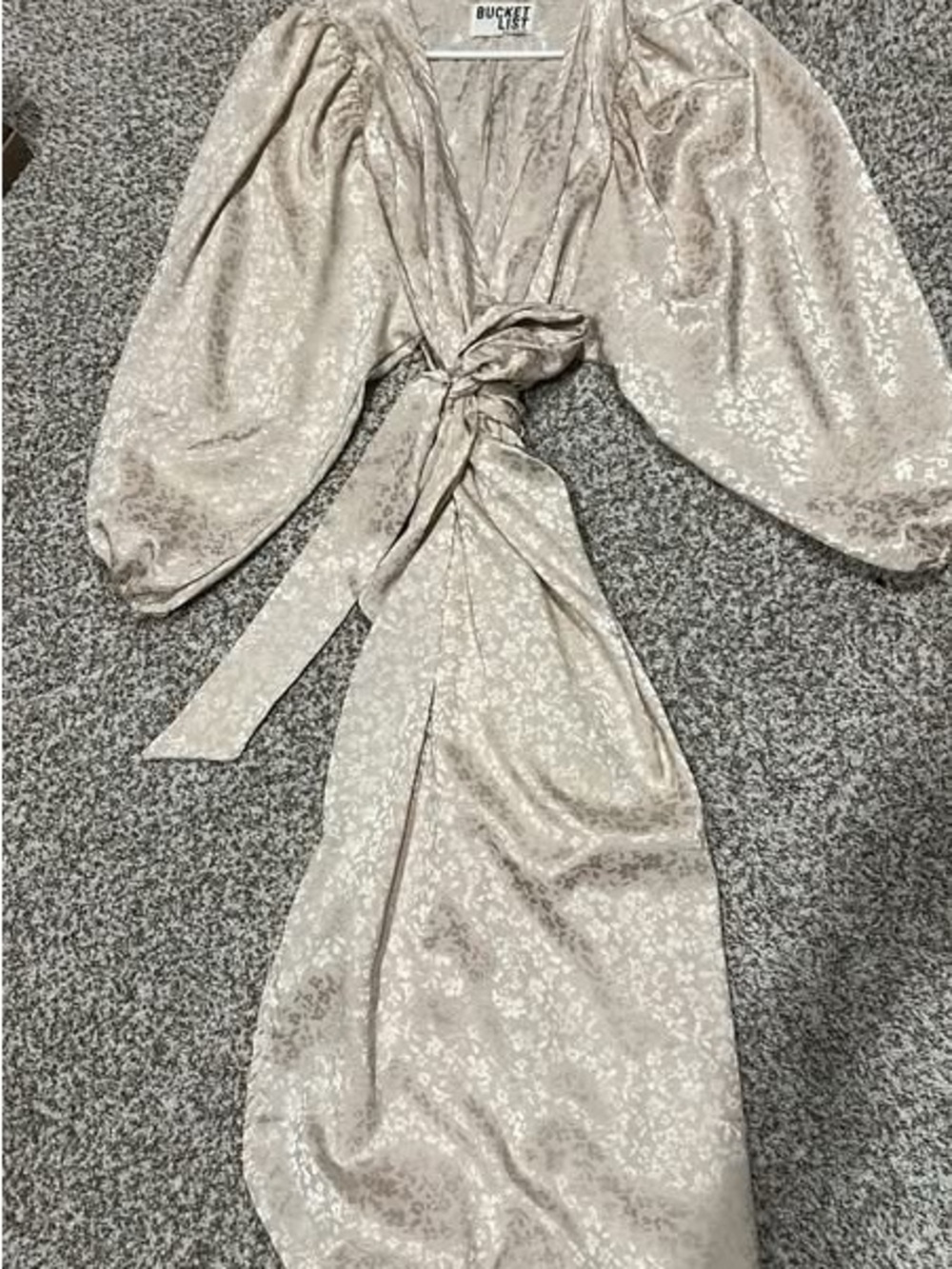 BUCKETLIST Champagne Floral Jacquard Wrap Maxi Dress with Puff Sleeves
